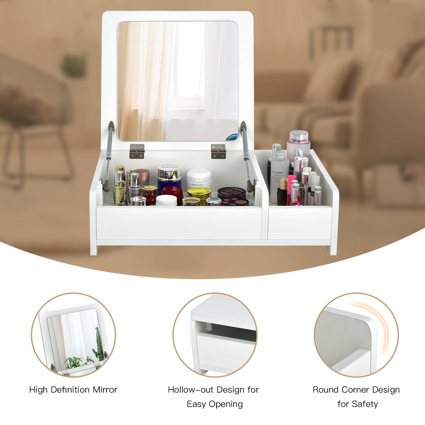Compact Makeup Table with Flip Top Mirror and Storage White