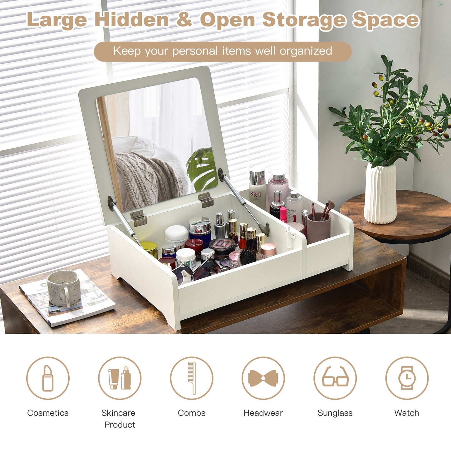 Compact Makeup Table with Flip Top Mirror and Storage White