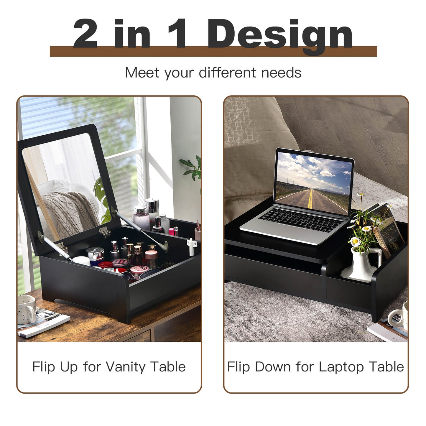 Compact Makeup Table with Flip Top Mirror and Storage Black