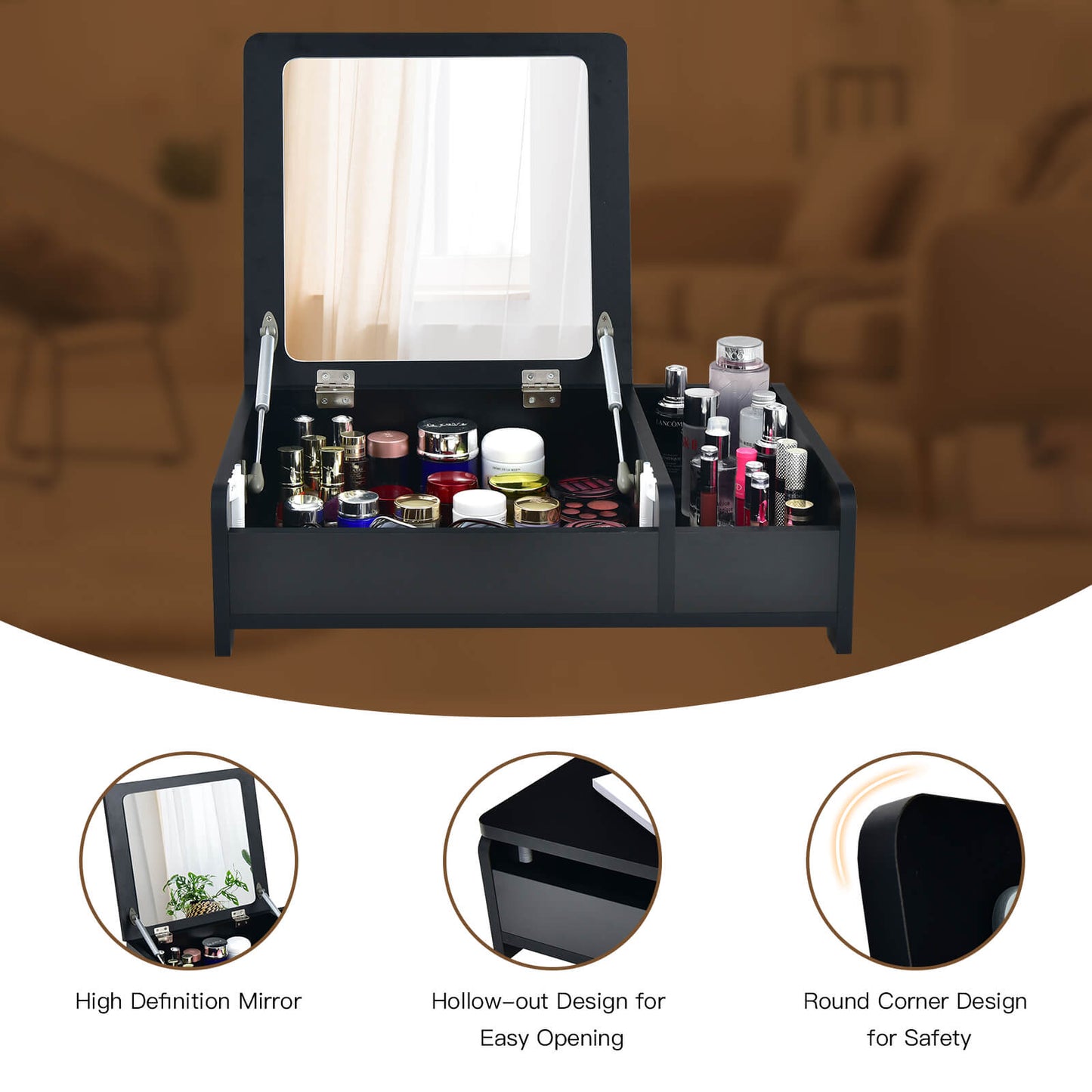 Compact Makeup Table with Flip Top Mirror and Storage Black