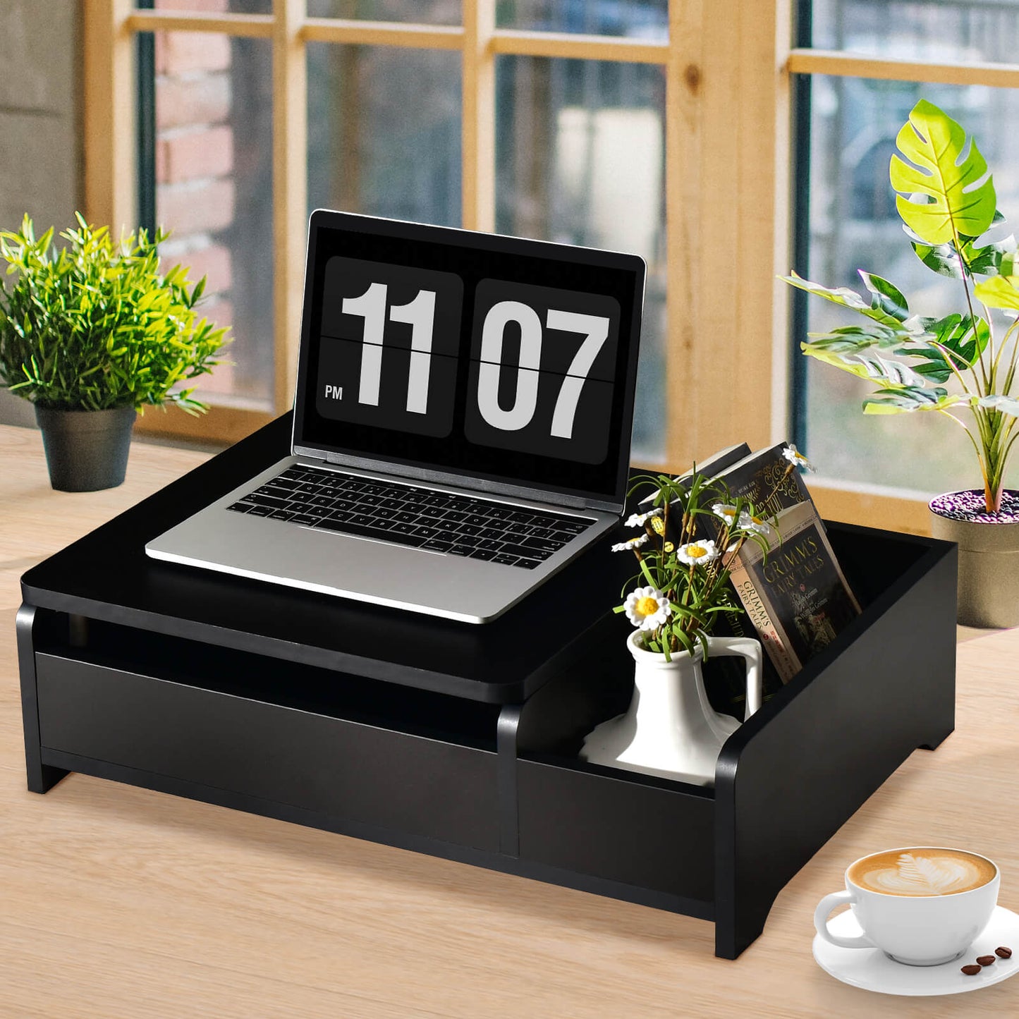 Compact Makeup Table with Flip Top Mirror and Storage Black