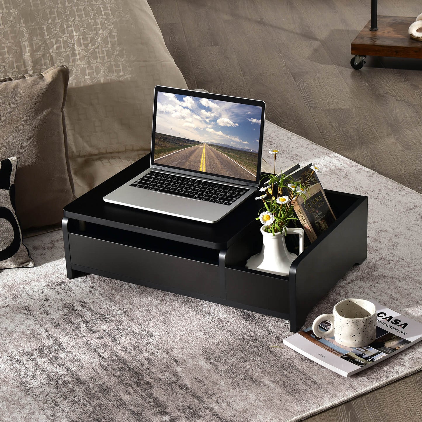 Compact Makeup Table with Flip Top Mirror and Storage Black