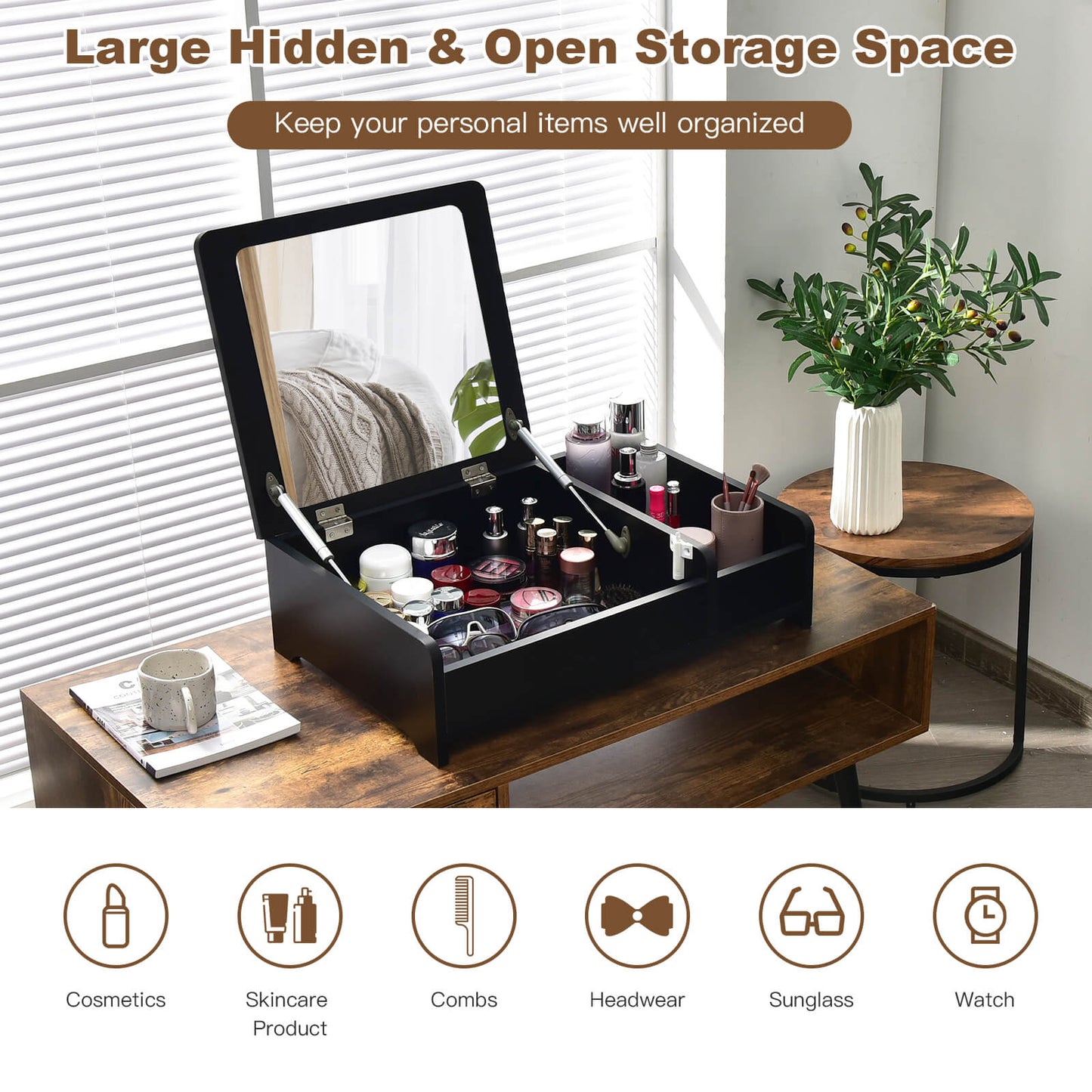 Compact Makeup Table with Flip Top Mirror and Storage Black