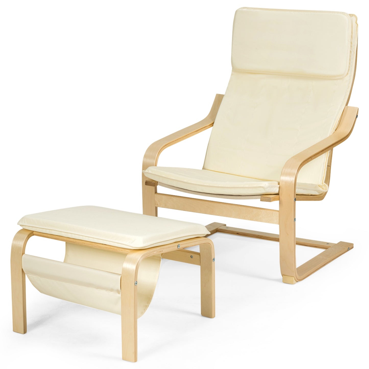 Modern Lounge Chair and Ottoman Set with Storage Rack, White