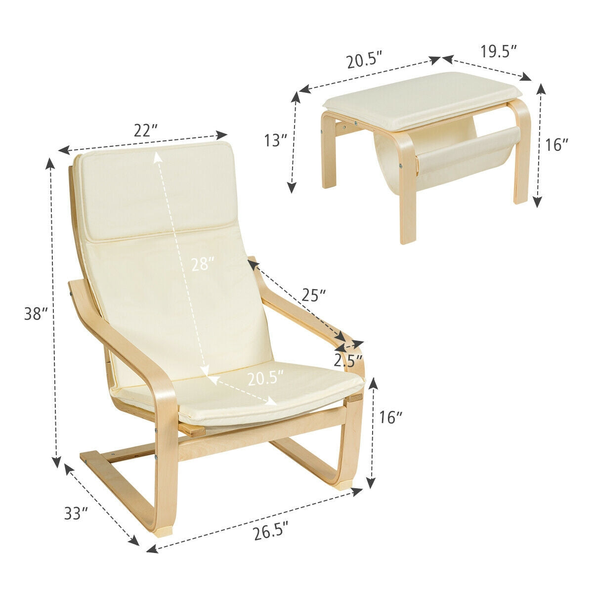 Modern Lounge Chair and Ottoman Set with Storage Rack, White