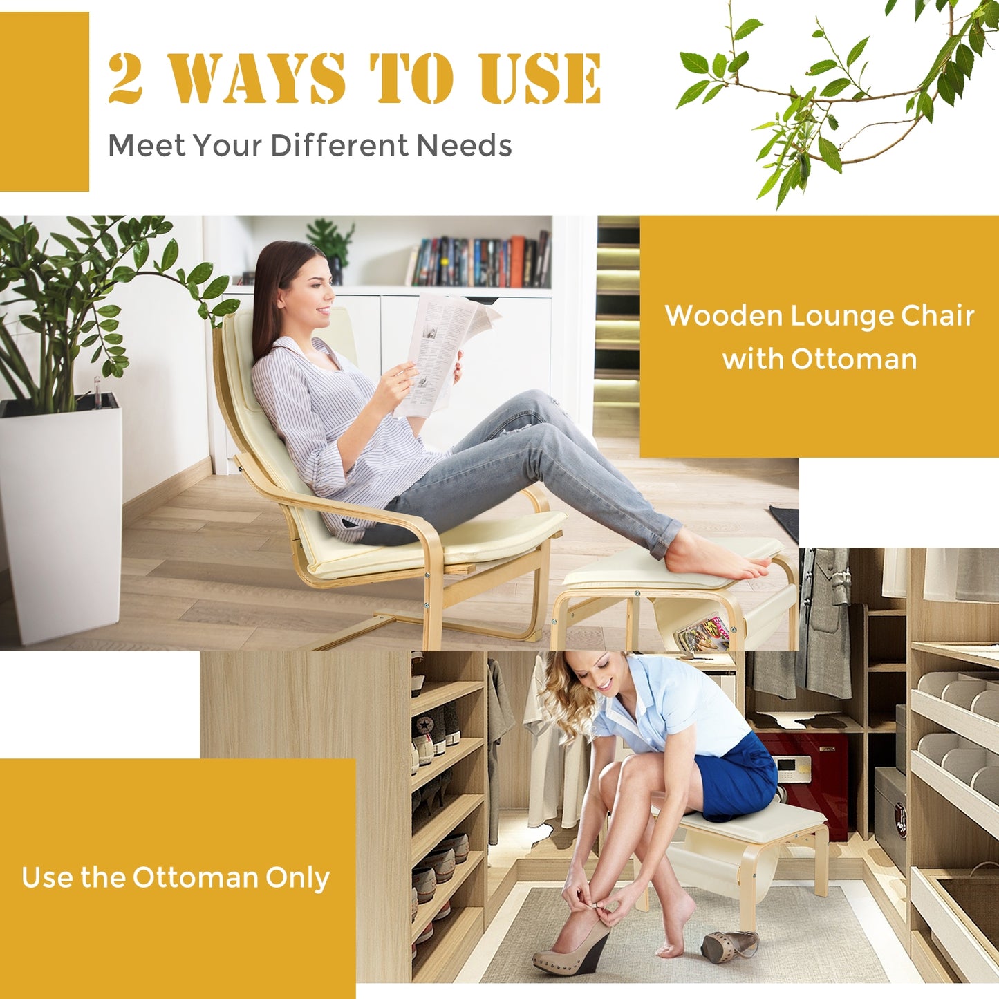 Modern Lounge Chair and Ottoman Set with Storage Rack, White