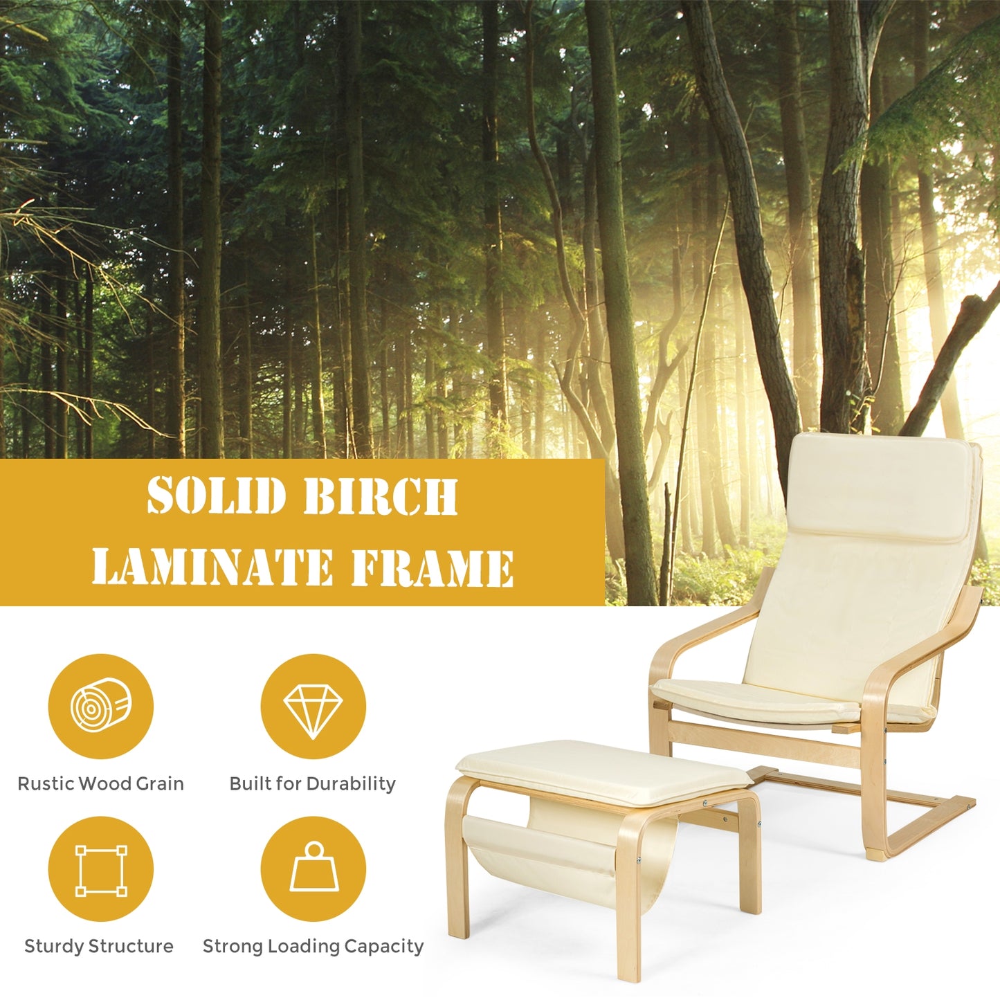 Modern Lounge Chair and Ottoman Set with Storage Rack, White