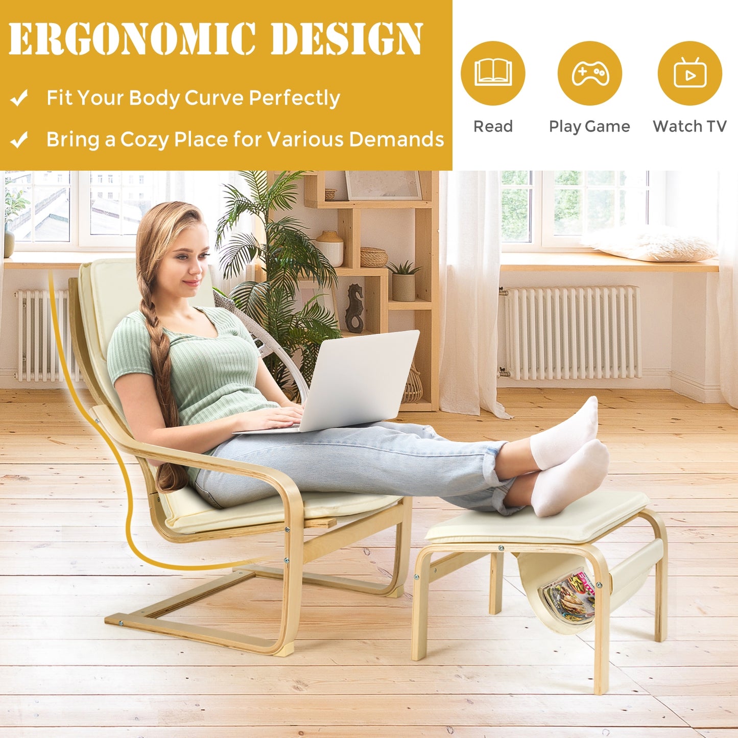 Modern Lounge Chair and Ottoman Set with Storage Rack, White
