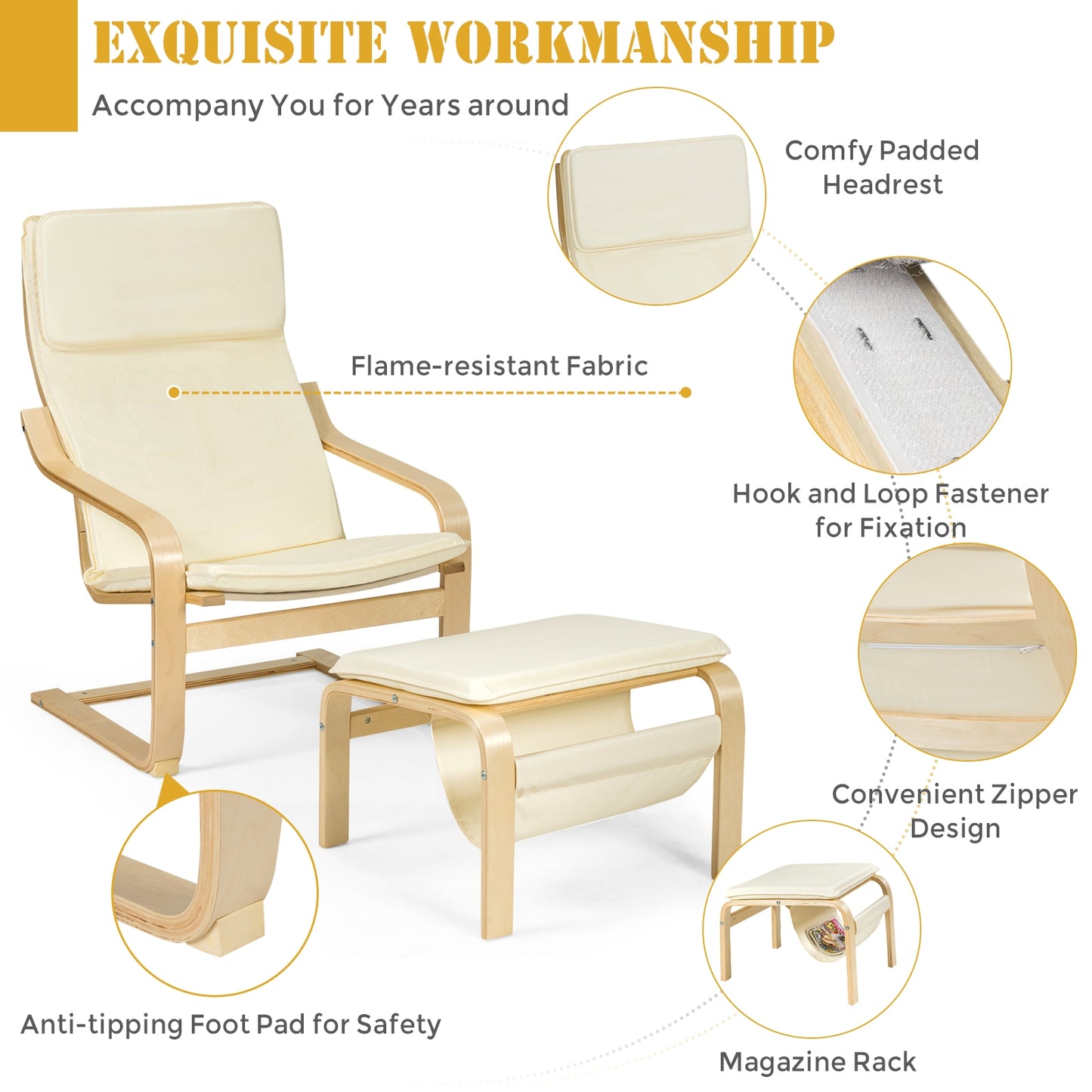 Modern Lounge Chair and Ottoman Set with Storage Rack, White