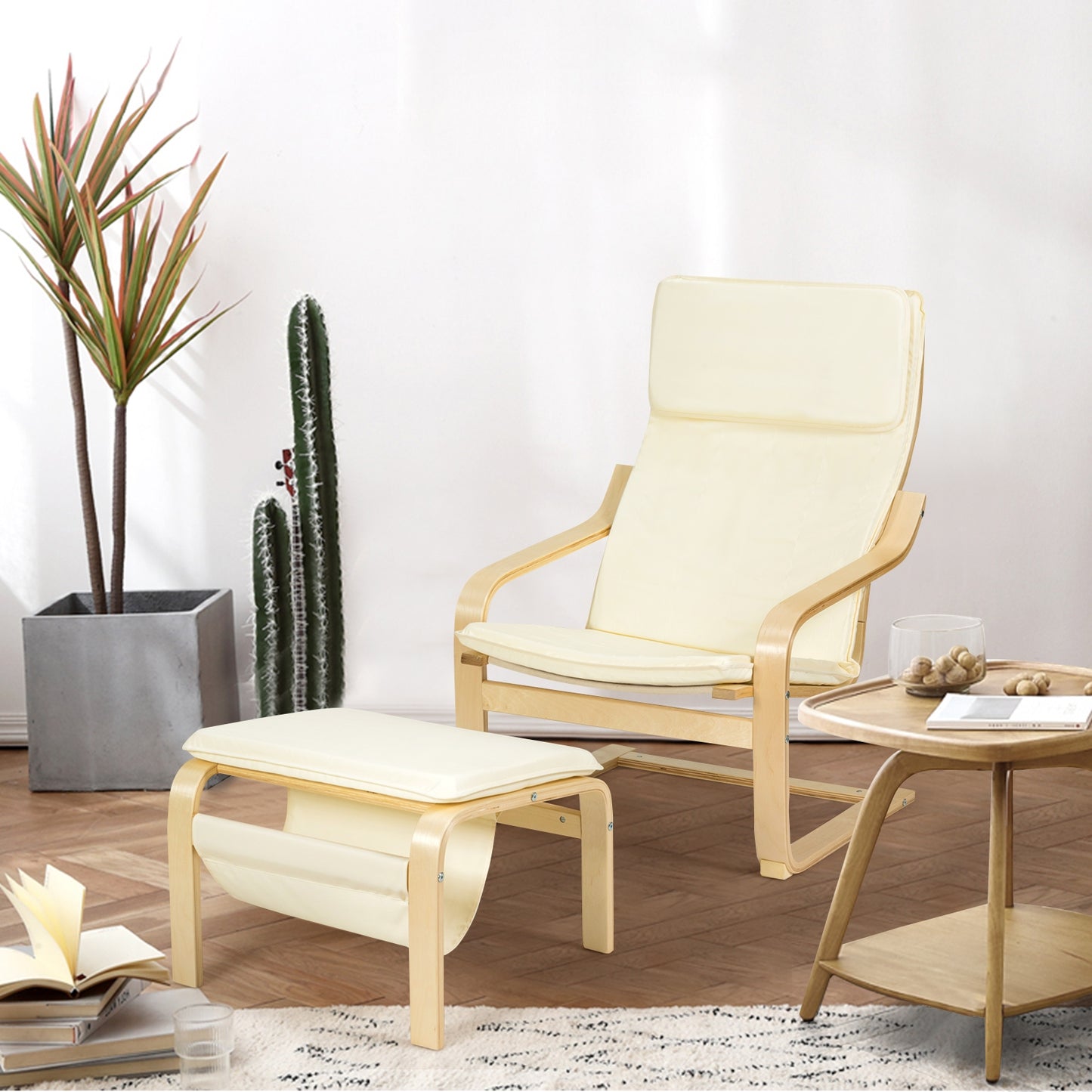 Modern Lounge Chair and Ottoman Set with Storage Rack, White