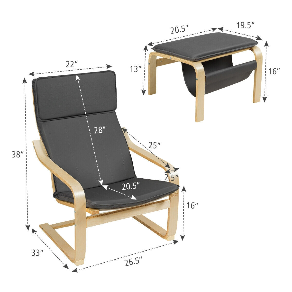 Modern Lounge Chair and Ottoman Set with Storage Rack, Grey