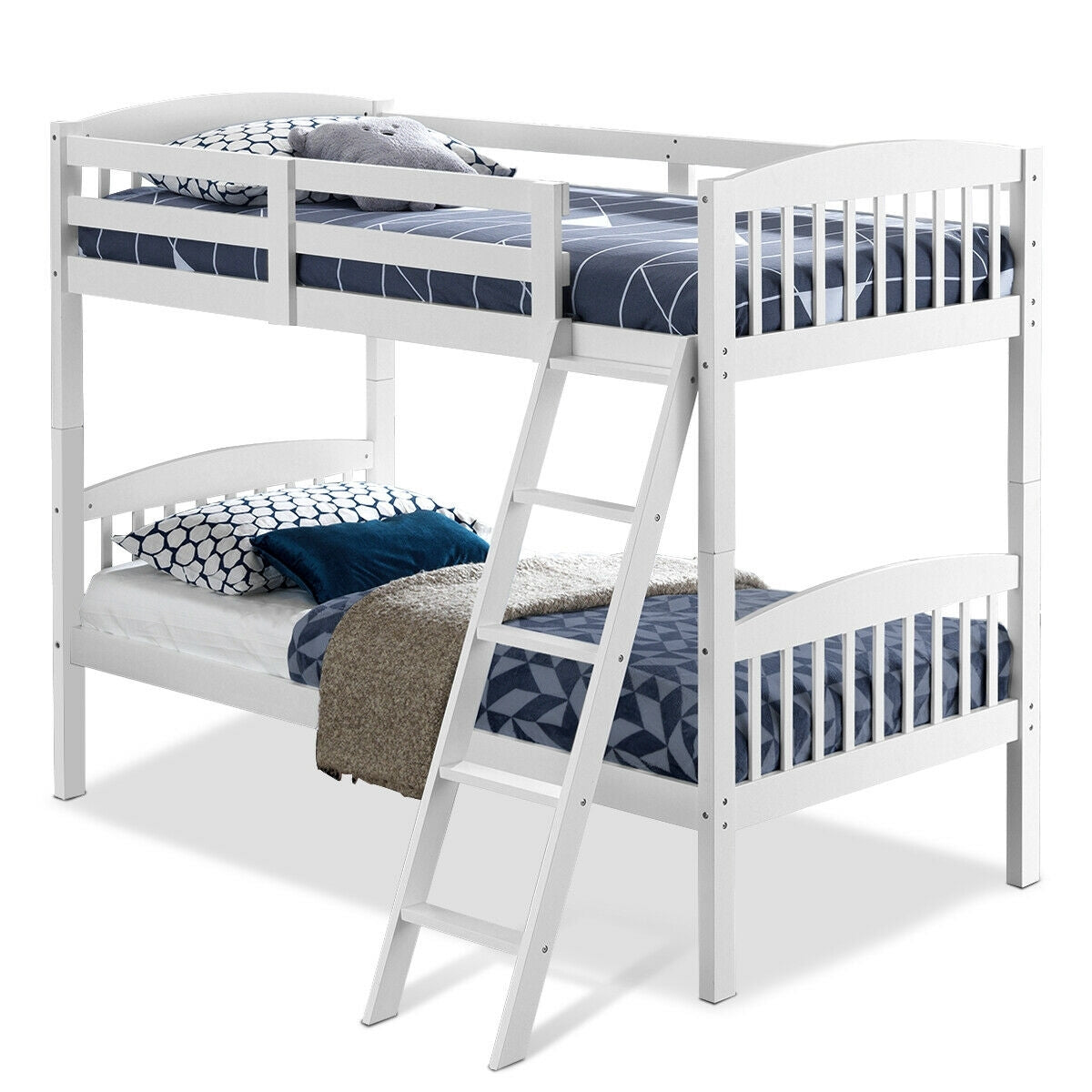 Solid Hardwood Twin Bunk Bed with Safety Guardrails and Easy Climb Ladder - White