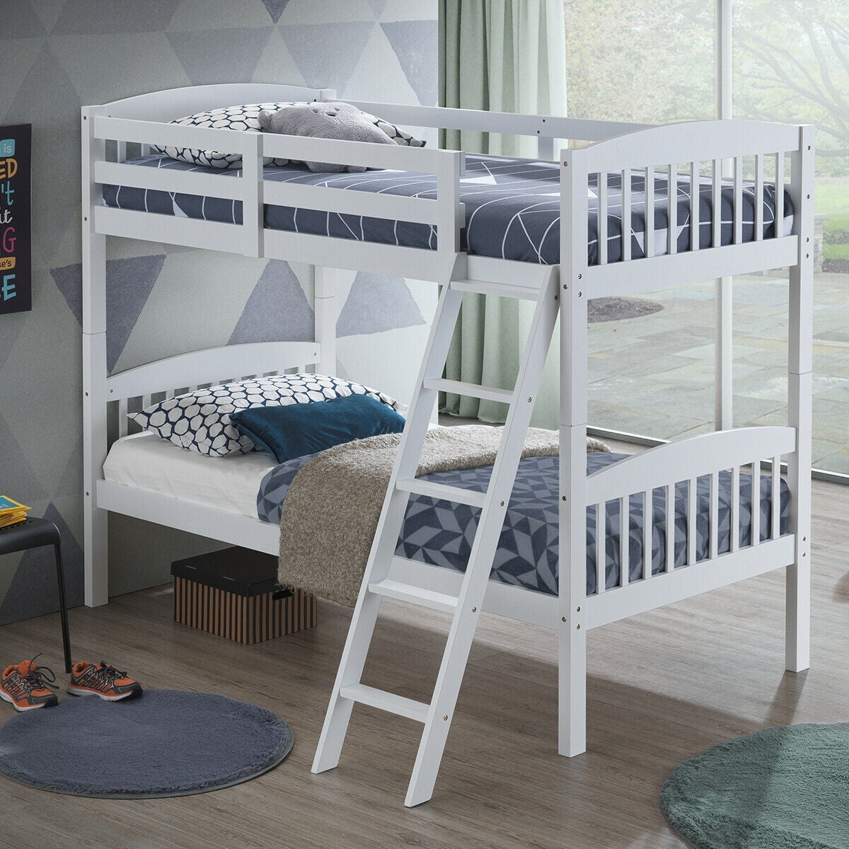 Solid Hardwood Twin Bunk Bed with Safety Guardrails and Easy Climb Ladder - White