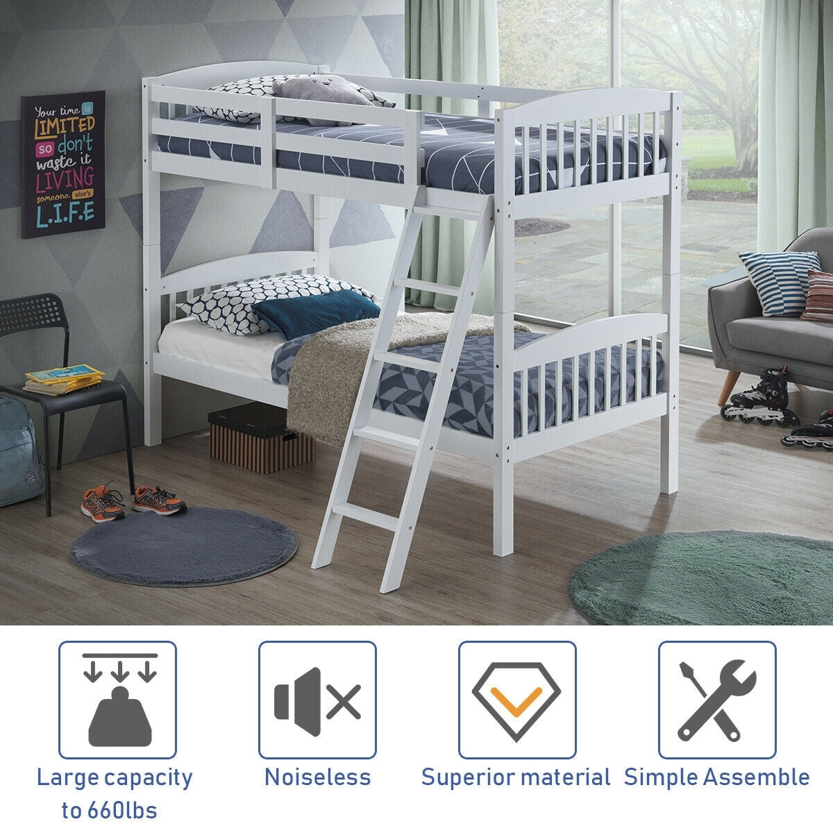 Solid Hardwood Twin Bunk Bed with Safety Guardrails and Easy Climb Ladder - White