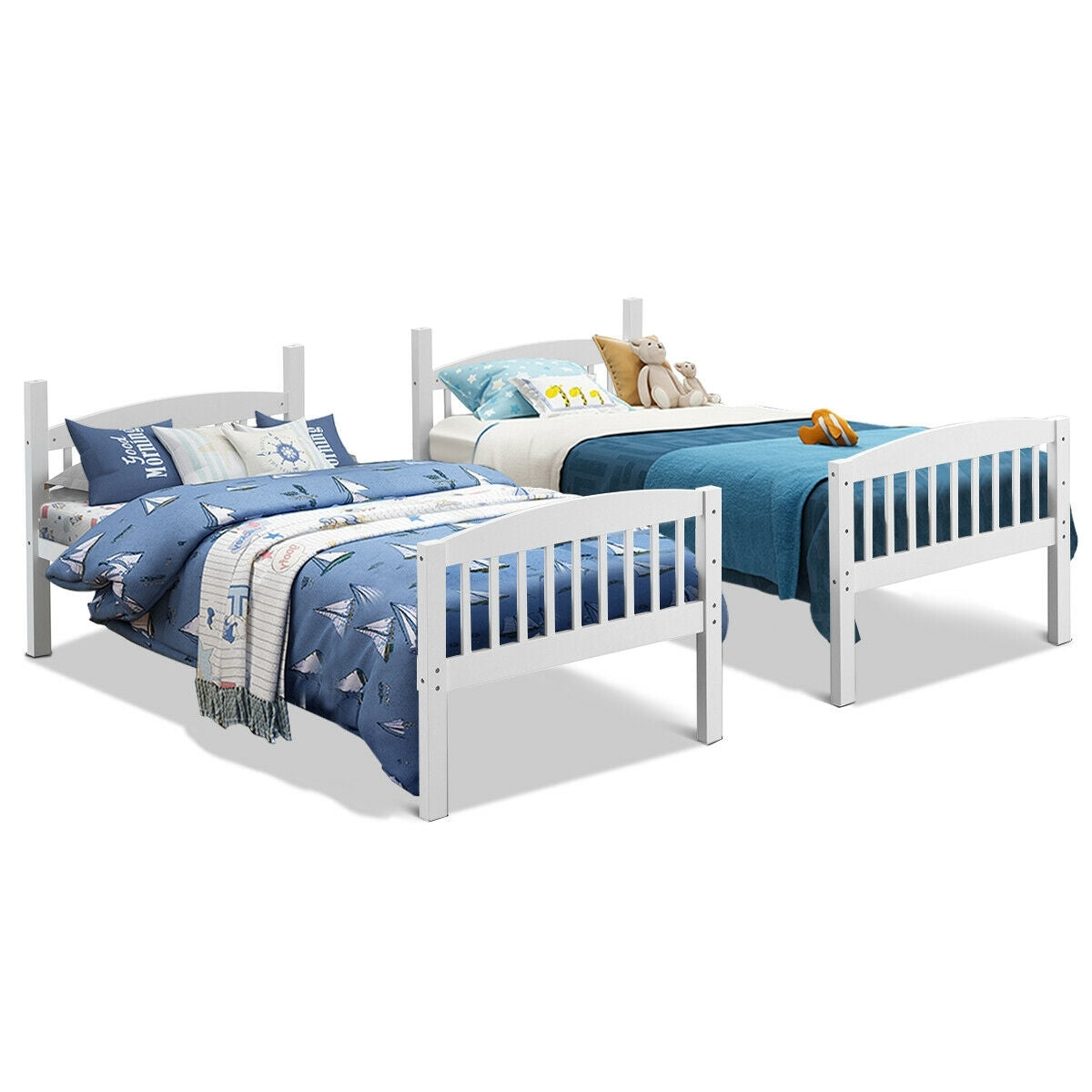Solid Hardwood Twin Bunk Bed with Safety Guardrails and Easy Climb Ladder - White