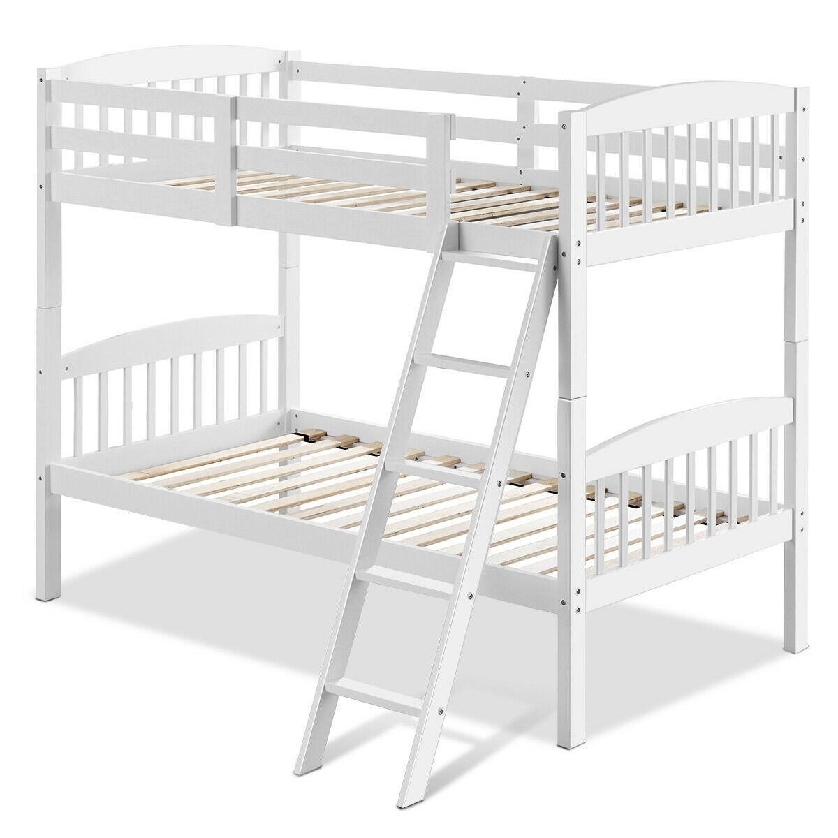 Solid Hardwood Twin Bunk Bed with Safety Guardrails and Easy Climb Ladder - White