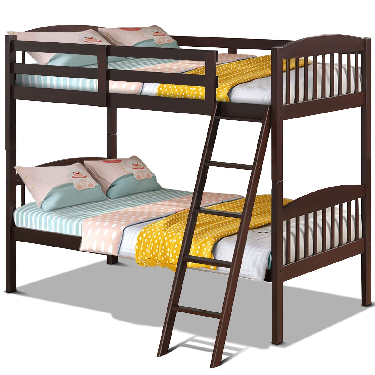Solid Hardwood Twin Bunk Bed with Safety Guardrails and Easy Climb Ladder - Brown