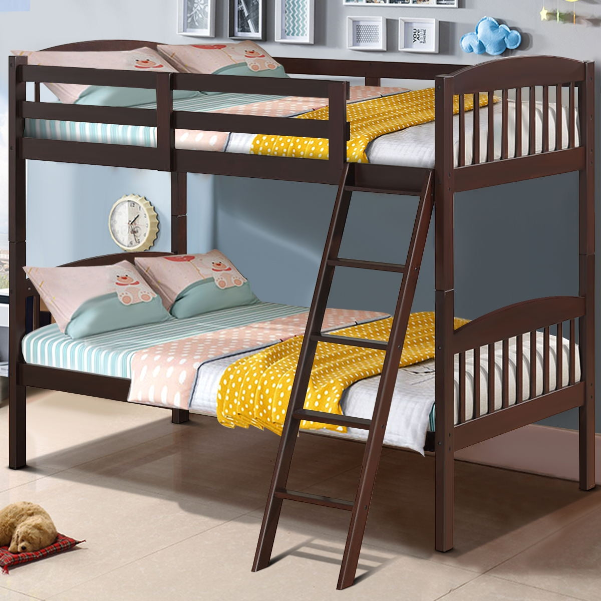 Solid Hardwood Twin Bunk Bed with Safety Guardrails and Easy Climb Ladder - Brown