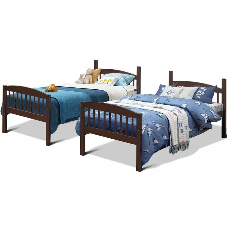 Solid Hardwood Twin Bunk Bed with Safety Guardrails and Easy Climb Ladder - Brown