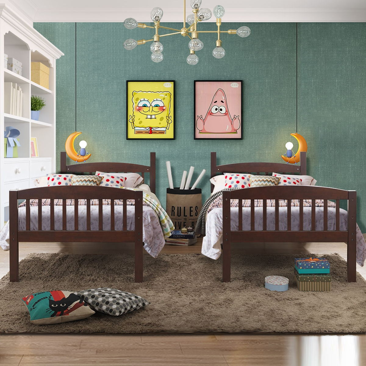 Solid Hardwood Twin Bunk Bed with Safety Guardrails and Easy Climb Ladder - Brown