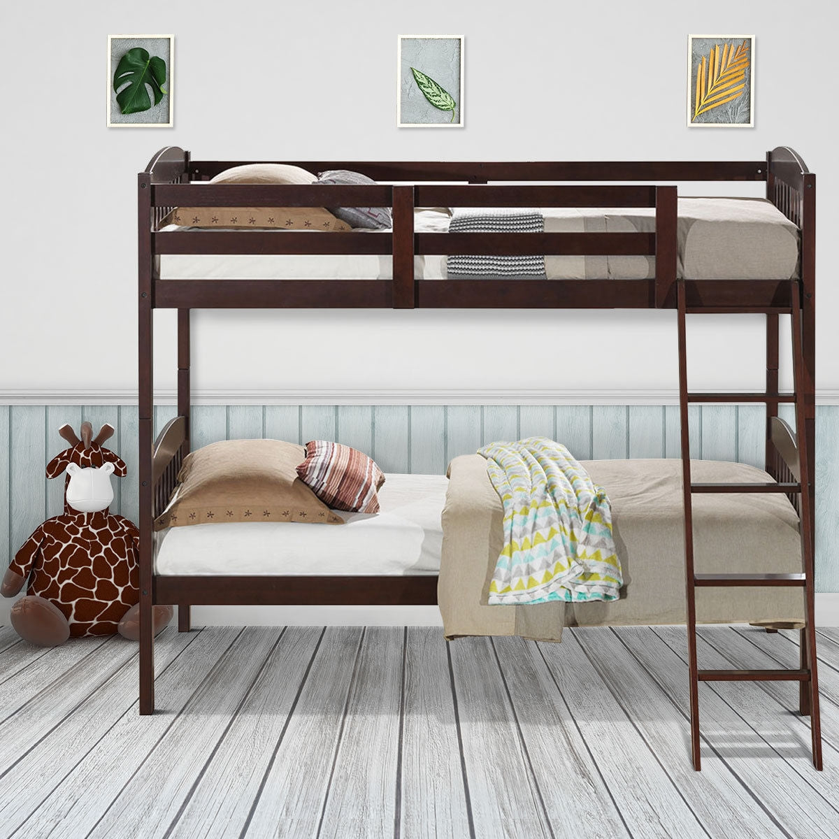 Solid Hardwood Twin Bunk Bed with Safety Guardrails and Easy Climb Ladder - Brown