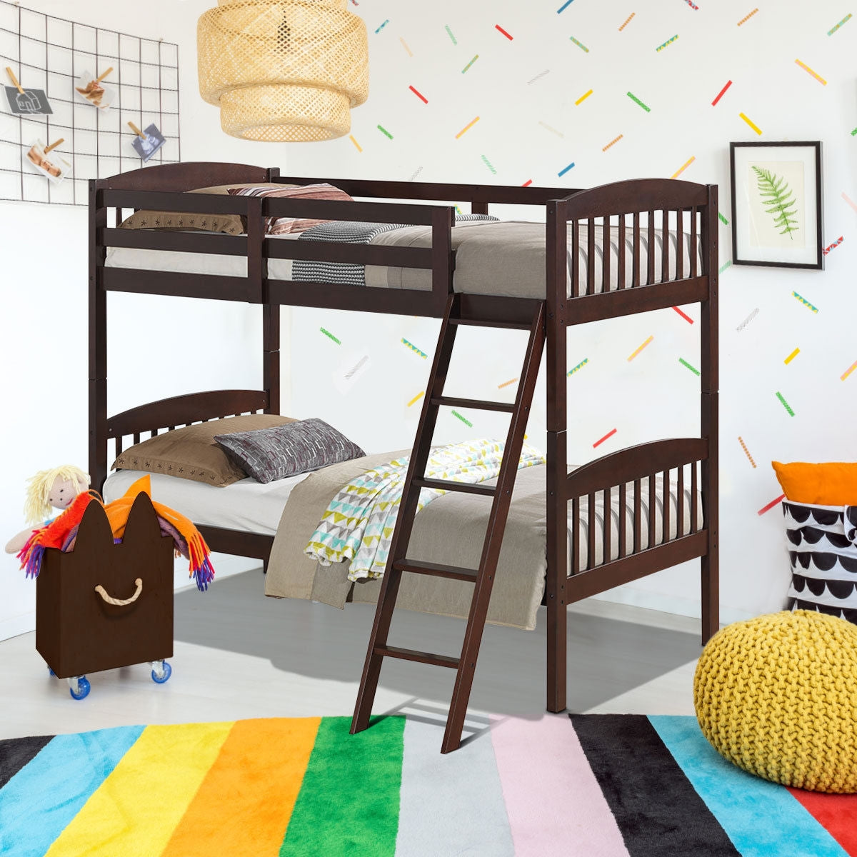Solid Hardwood Twin Bunk Bed with Safety Guardrails and Easy Climb Ladder - Brown