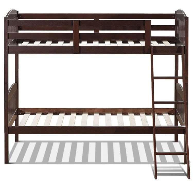 Solid Hardwood Twin Bunk Bed with Safety Guardrails and Easy Climb Ladder - Brown