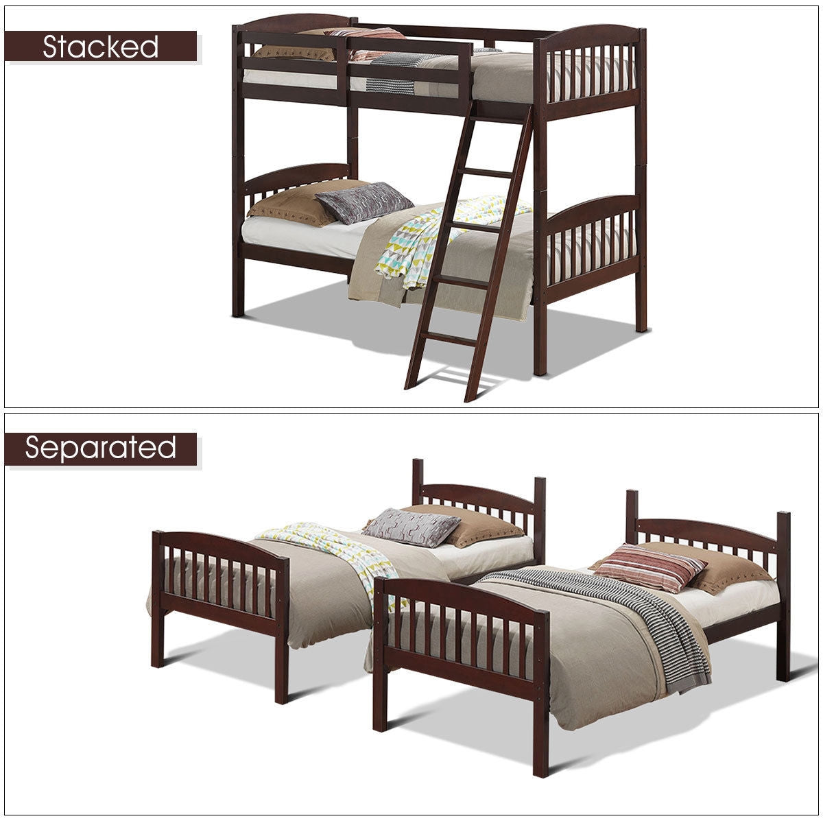 Solid Hardwood Twin Bunk Bed with Safety Guardrails and Easy Climb Ladder - Brown