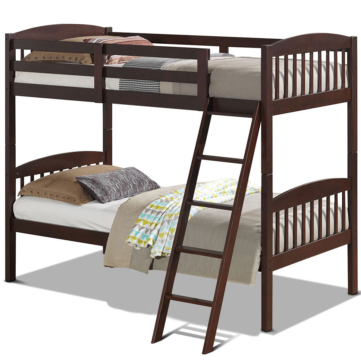 Solid Hardwood Twin Bunk Bed with Safety Guardrails and Easy Climb Ladder - Brown