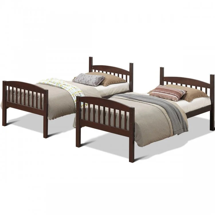 Solid Hardwood Twin Bunk Bed with Safety Guardrails and Easy Climb Ladder - Brown