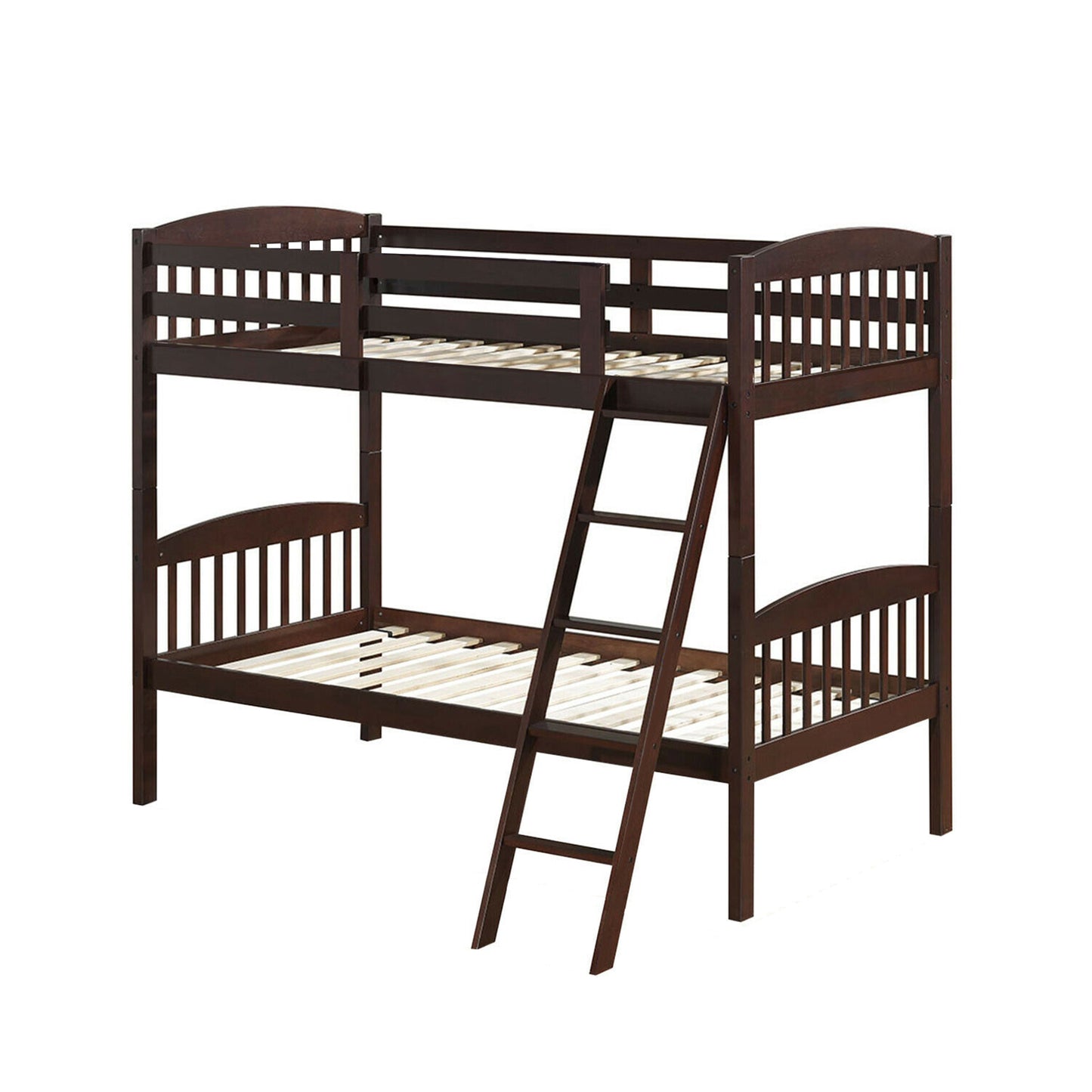 Solid Hardwood Twin Bunk Bed with Safety Guardrails and Easy Climb Ladder - Brown