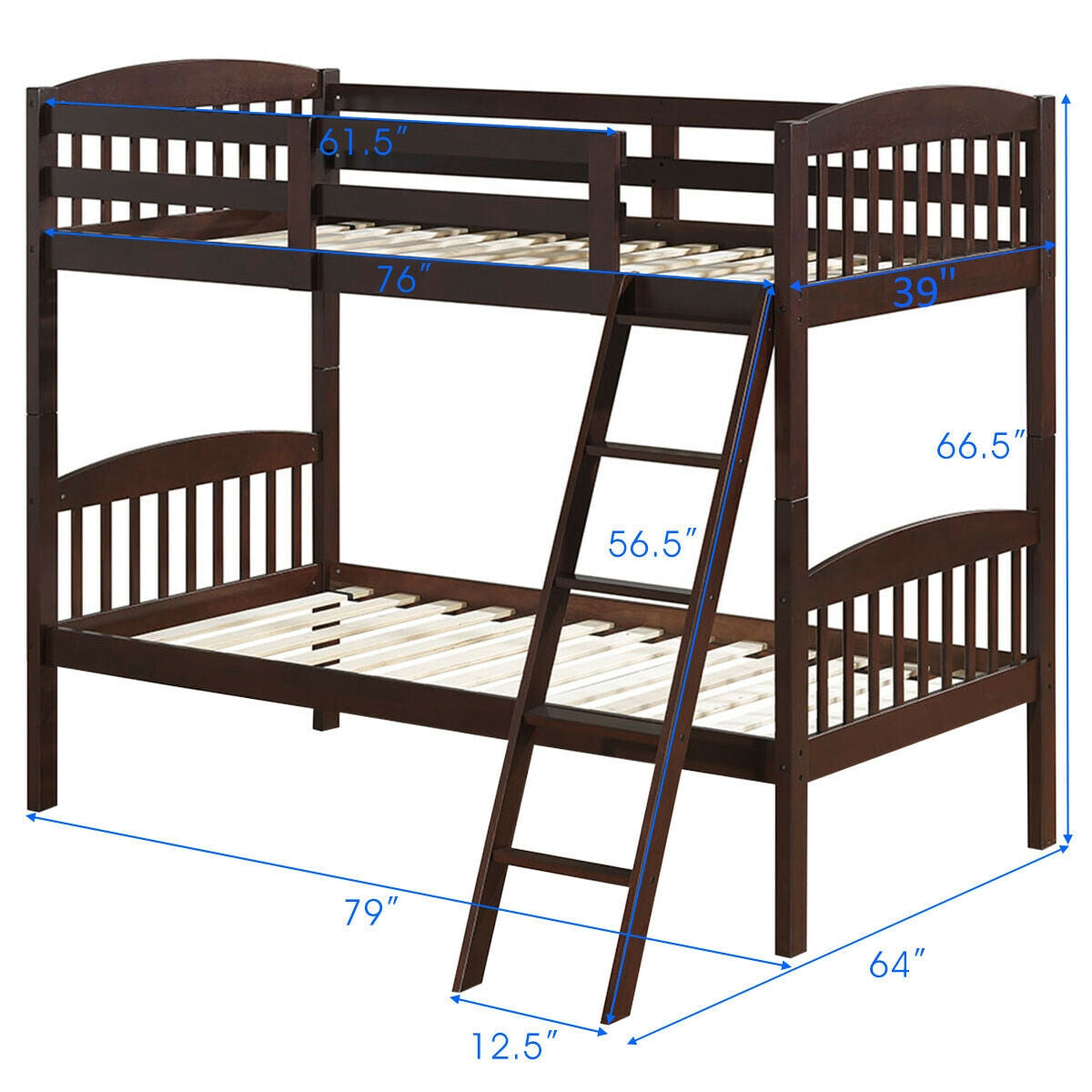 Solid Hardwood Twin Bunk Bed with Safety Guardrails and Easy Climb Ladder - Brown
