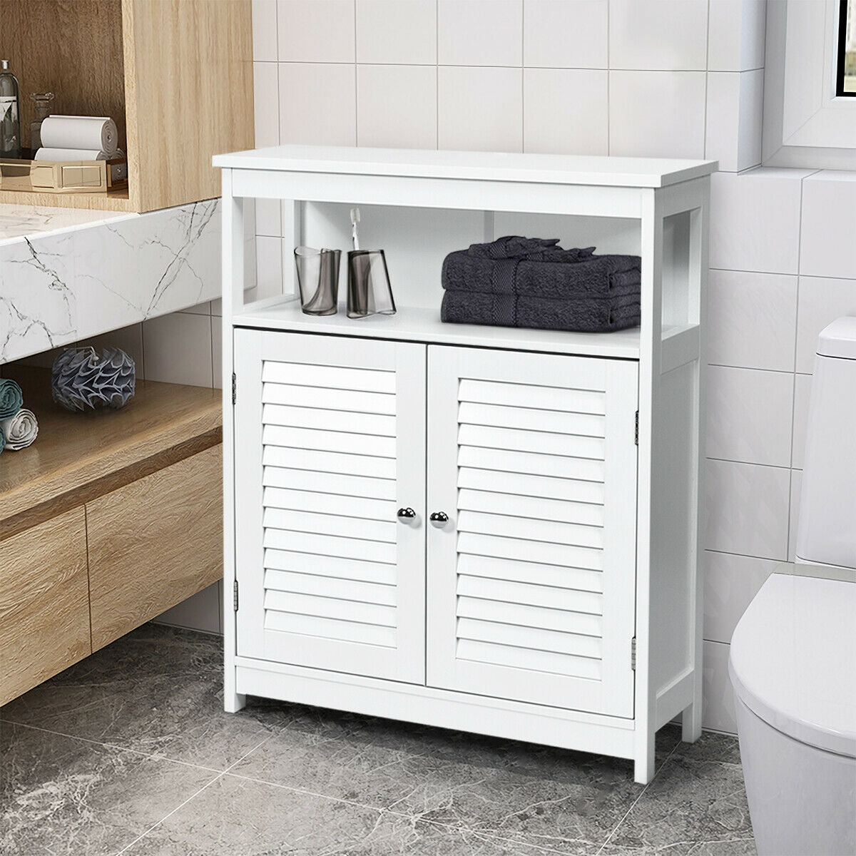 Wooden Freestanding Bathroom Cabinet with Double Shutter Doors for Storage