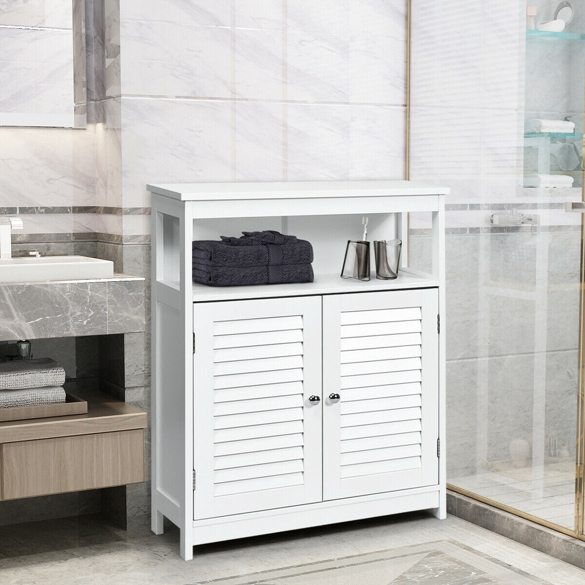 Wooden Freestanding Bathroom Cabinet with Double Shutter Doors for Storage
