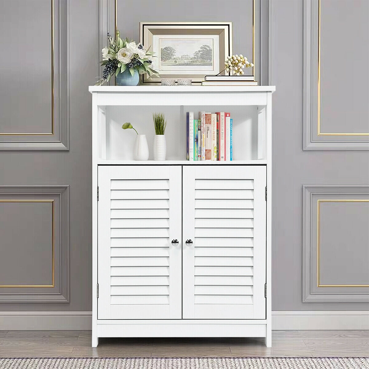 Wooden Freestanding Bathroom Cabinet with Double Shutter Doors for Storage