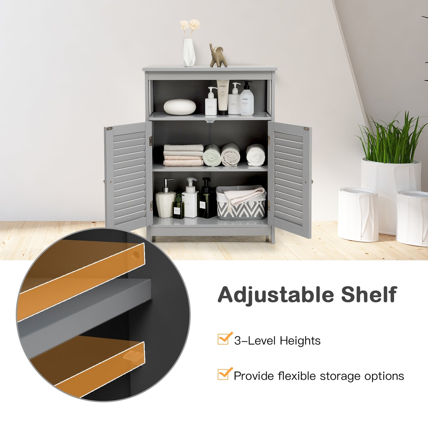 Wooden Freestanding Bathroom Cabinet with Double Shutter Doors for Storage