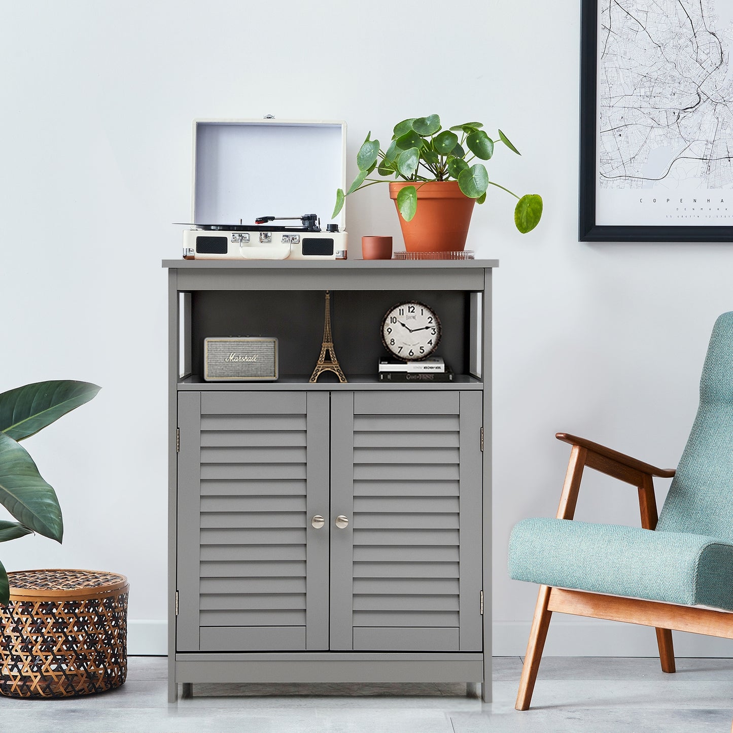 Wooden Freestanding Bathroom Cabinet with Double Shutter Doors for Storage