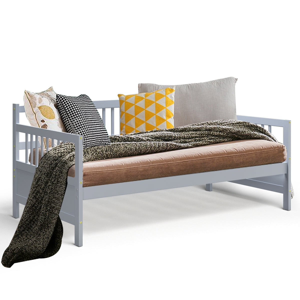 Solid Wood Daybed with Side Rails and 12 Inch Underbed Clearance Grey Slatted Frame for Living Room or Bedroom Twin