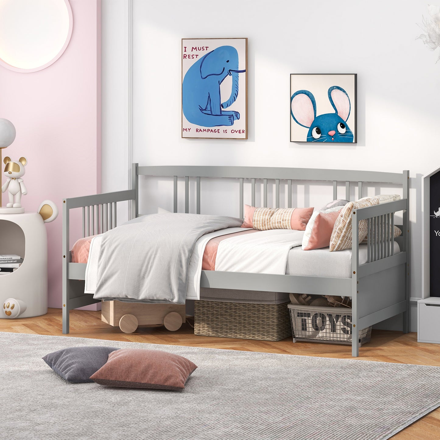 Solid Wood Daybed with Side Rails and 12 Inch Underbed Clearance Grey Slatted Frame for Living Room or Bedroom Twin
