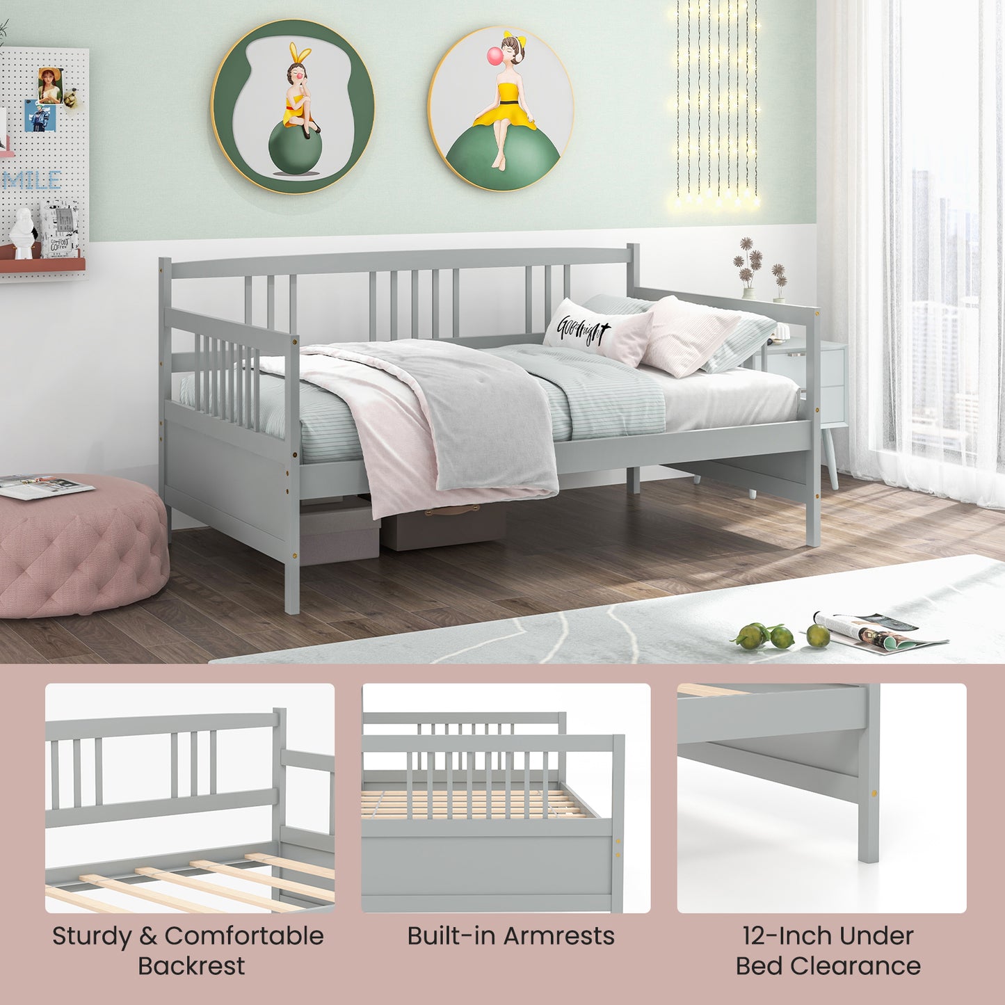 Solid Wood Daybed with Side Rails and 12 Inch Underbed Clearance Grey Slatted Frame for Living Room or Bedroom Twin