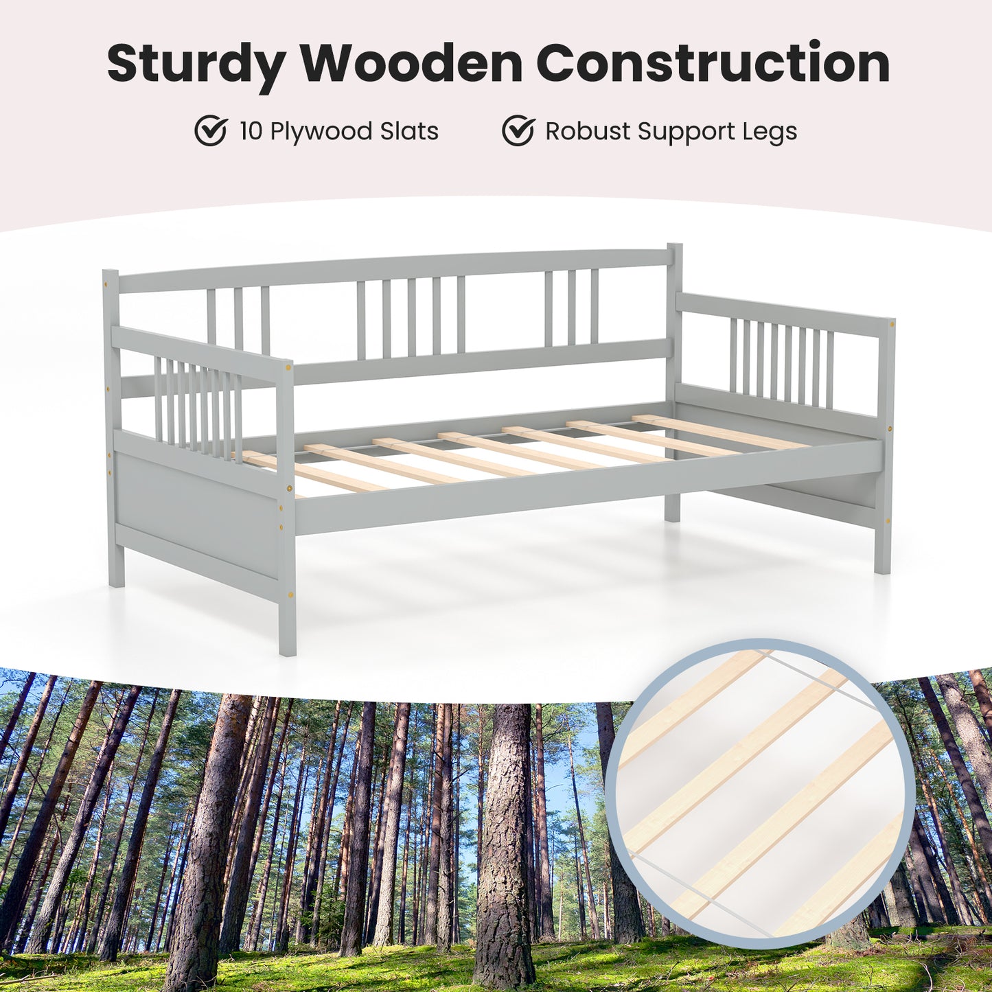 Solid Wood Daybed with Side Rails and 12 Inch Underbed Clearance Grey Slatted Frame for Living Room or Bedroom Twin