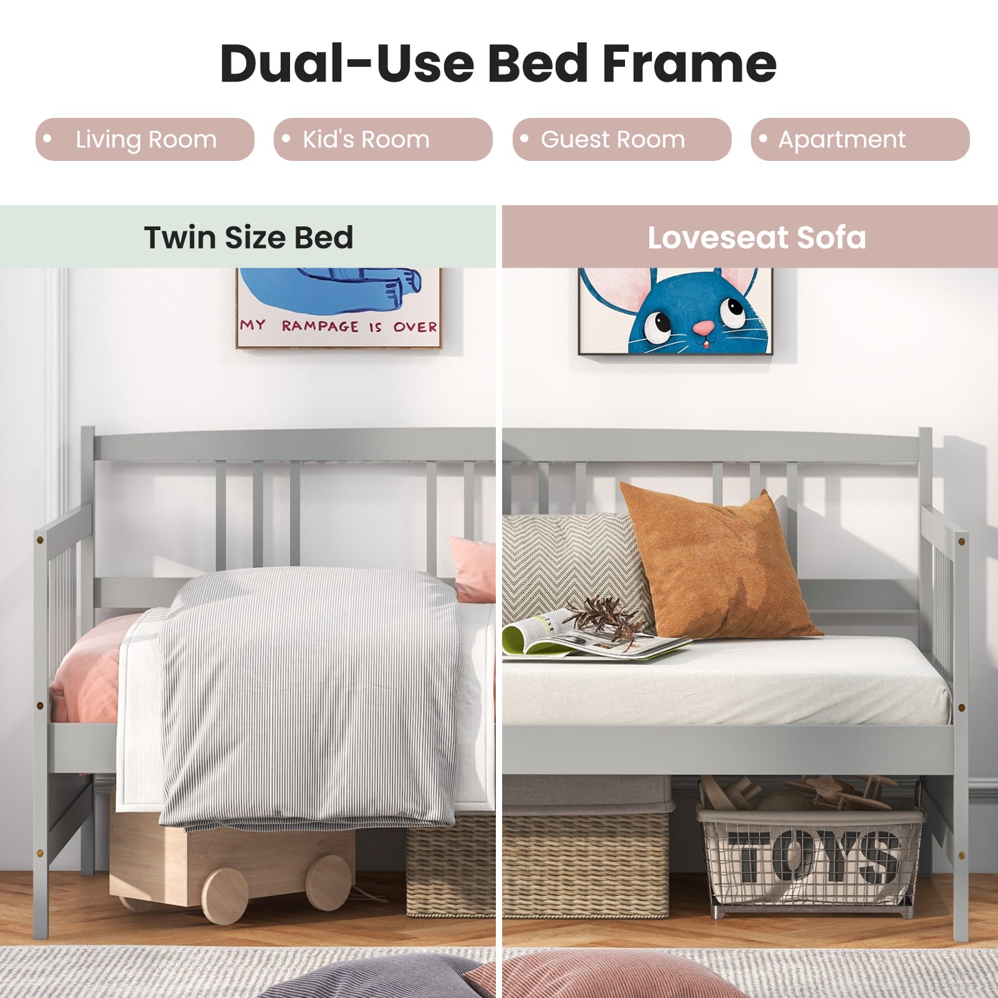 Solid Wood Daybed with Side Rails and 12 Inch Underbed Clearance Grey Slatted Frame for Living Room or Bedroom Twin