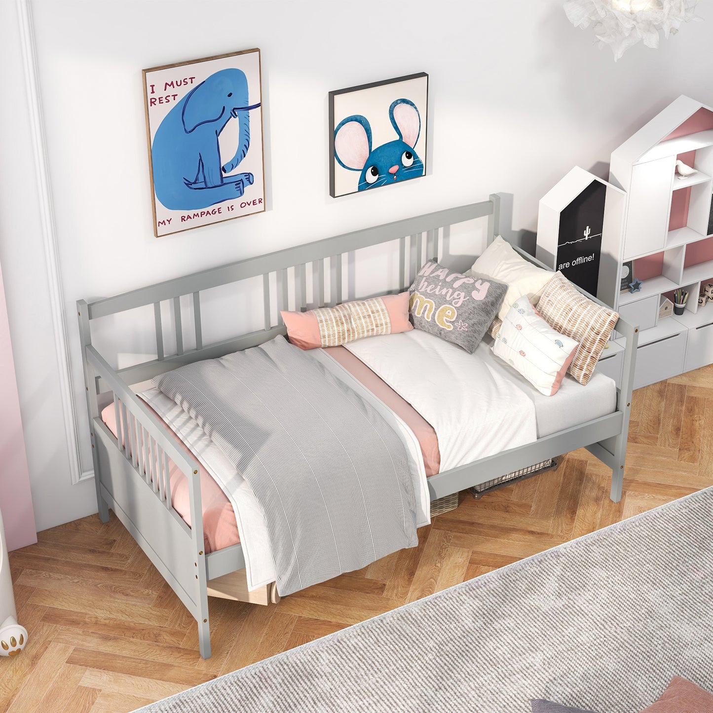 Solid Wood Daybed with Side Rails and 12 Inch Underbed Clearance Grey Slatted Frame for Living Room or Bedroom Twin