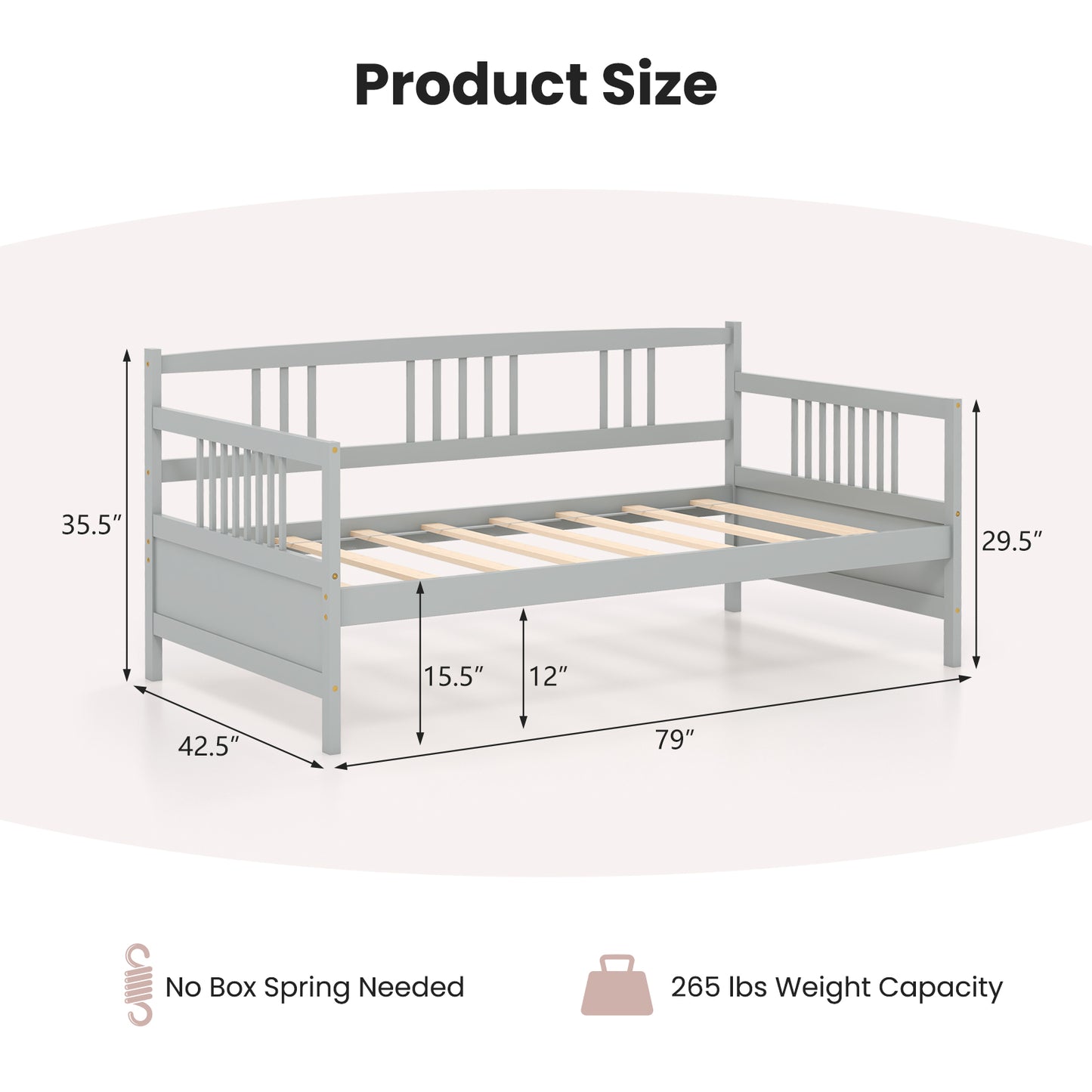 Solid Wood Daybed with Side Rails and 12 Inch Underbed Clearance Grey Slatted Frame for Living Room or Bedroom Twin