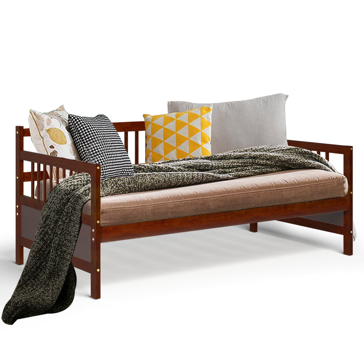 Solid Wood Daybed with Side Rails and 12 Inch Underbed Clearance Brown Slatted Frame for Living Room or Bedroom Twin