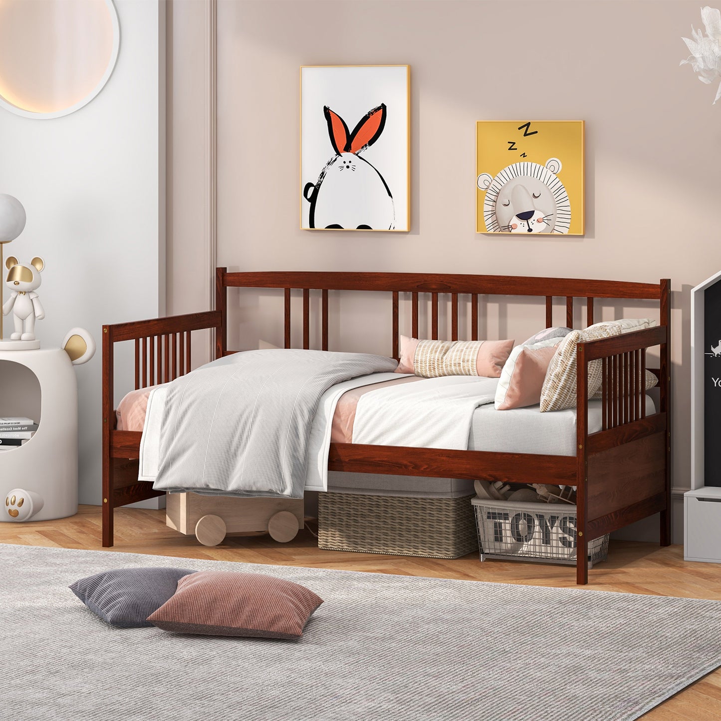 Solid Wood Daybed with Side Rails and 12 Inch Underbed Clearance Brown Slatted Frame for Living Room or Bedroom Twin