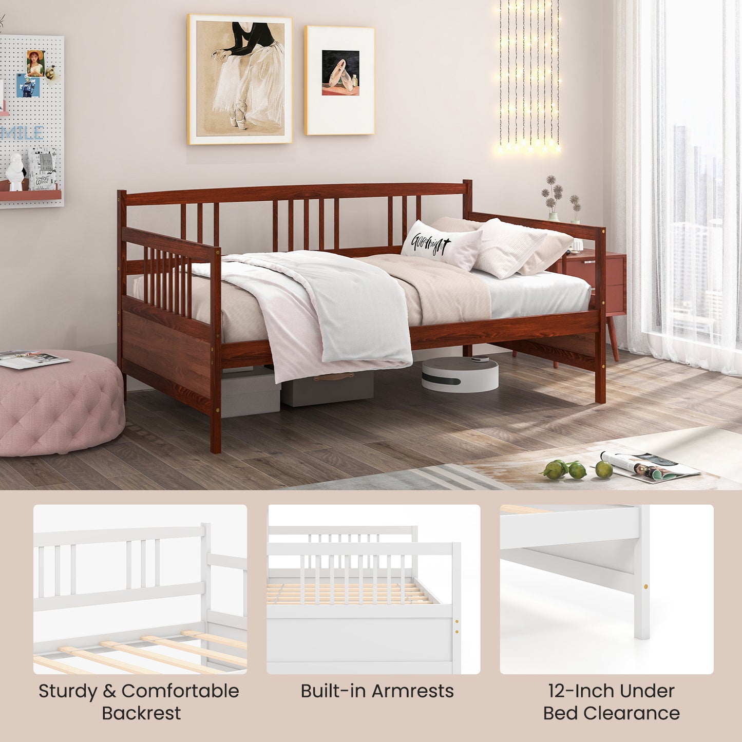 Solid Wood Daybed with Side Rails and 12 Inch Underbed Clearance Brown Slatted Frame for Living Room or Bedroom Twin