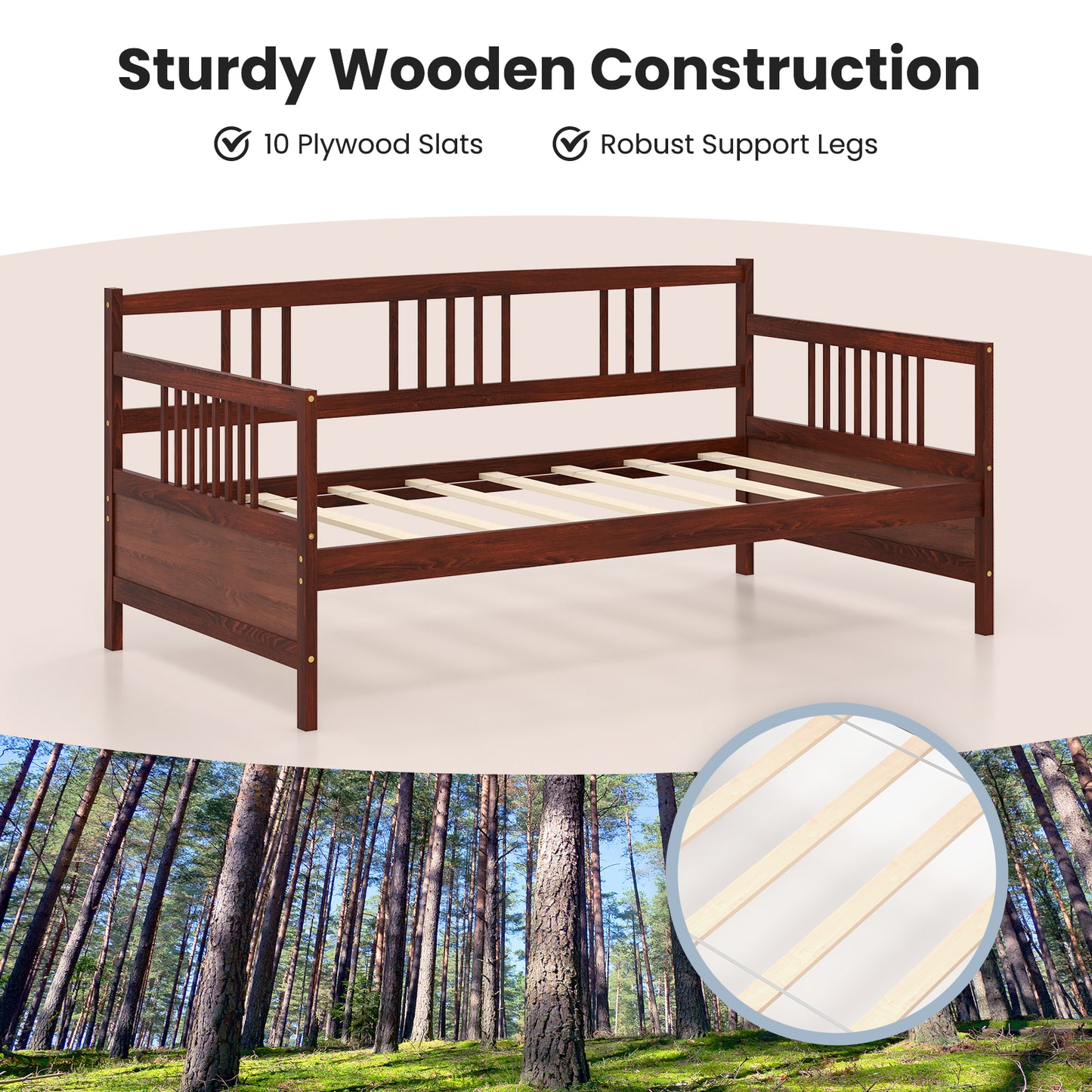 Solid Wood Daybed with Side Rails and 12 Inch Underbed Clearance Brown Slatted Frame for Living Room or Bedroom Twin