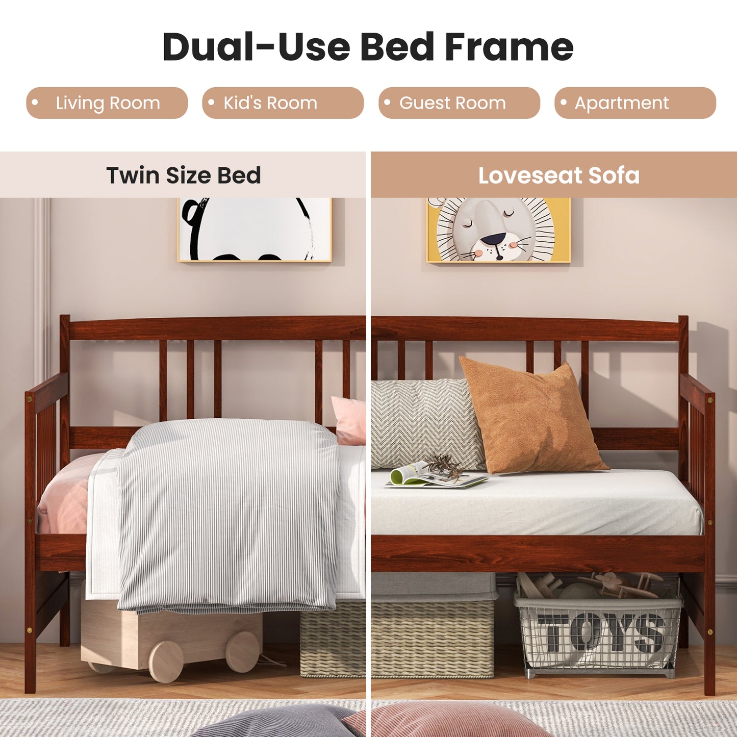 Solid Wood Daybed with Side Rails and 12 Inch Underbed Clearance Brown Slatted Frame for Living Room or Bedroom Twin