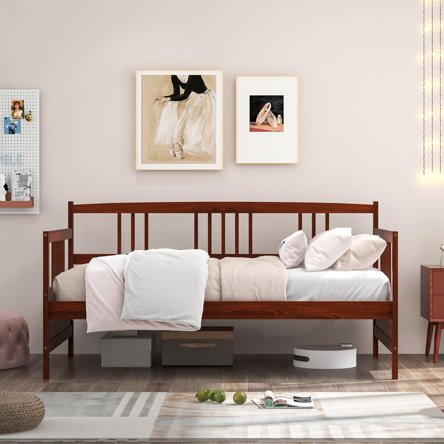 Solid Wood Daybed with Side Rails and 12 Inch Underbed Clearance Brown Slatted Frame for Living Room or Bedroom Twin